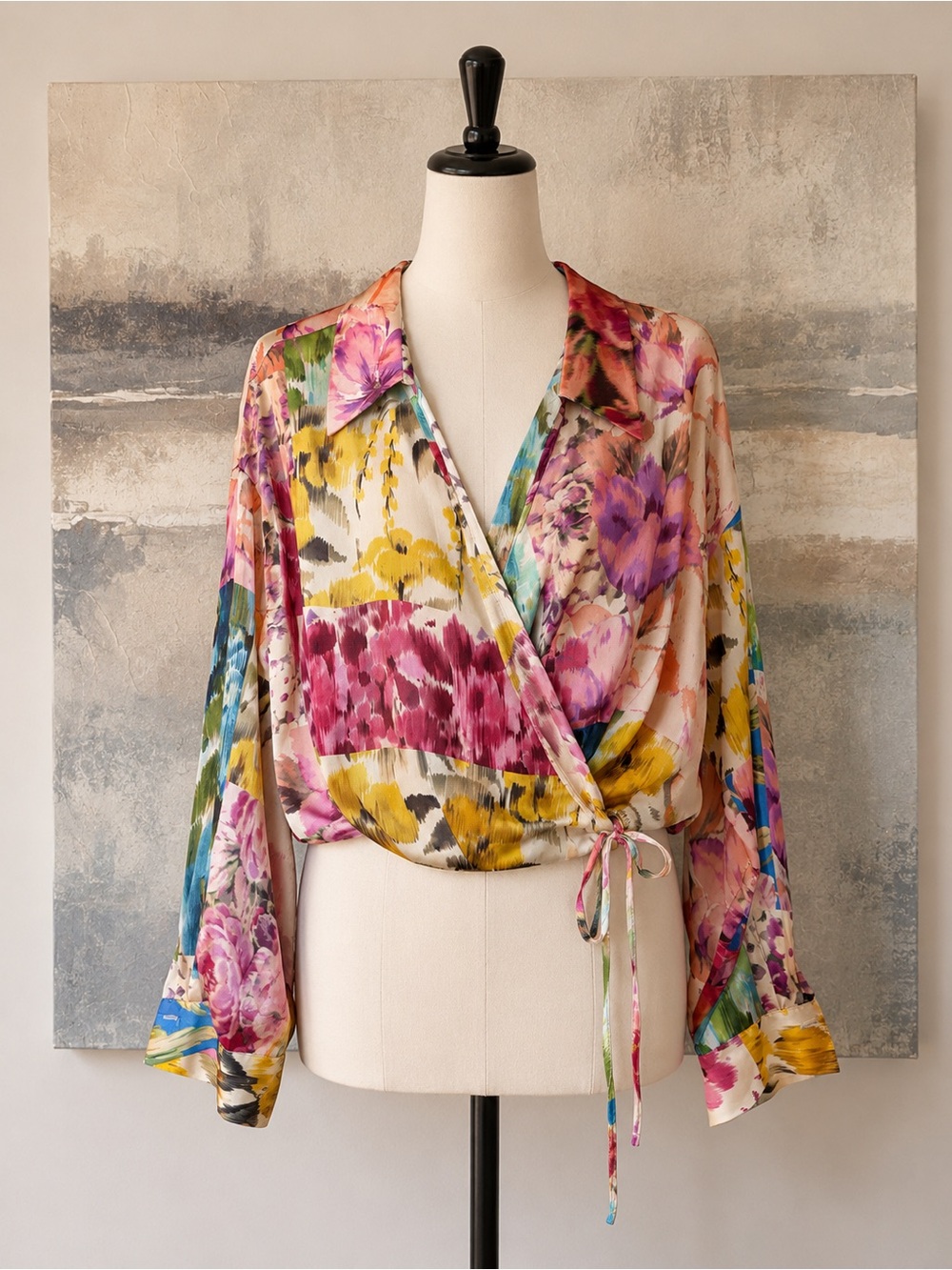 Zara Satin Floral Wrap Tie Front Blouse Top Multicolor Long Sleeve Size M NWT